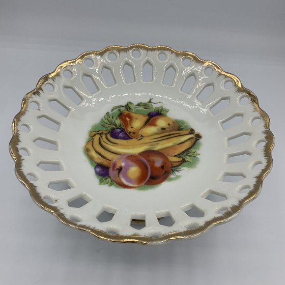 Vintage Pedestal Transfer Ware Fruit Scalloped Tidbit Plate Tray Ceramic - Picture 4 of 6